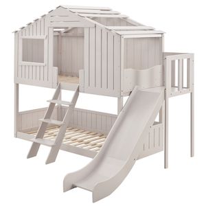 Juskys Kinderbett Baumhaus 90 x 200 cm mit Rutsche – Modernes Hausbett rosa für Kinder mit Dach & Lattenrost – Holz-Bett für Jungen & Mädchen