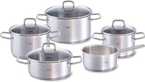Fissler Viseo / Edelstahl-Topfset, 5-teilig, Kochtopf-Set, Töpfe mit Glas-Deckel, Induktion, alle Herdarten (3 Kochtöpfe, 1 Bratentopf, 1 Stielkasserolle-deckellos)