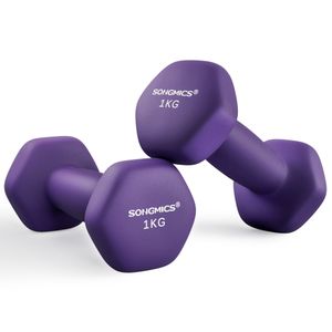 SONGMICS činky, sada 2 ks, 2 x 1 kg, sada činek, činky, šestihran, neoprenový potah, silový trénink, cvičení, fitness trénink, pro domácnost, fialová barva