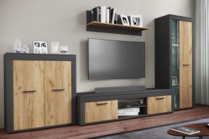 VCM 4-tlg. TV Lowboard Fernsehschrank Schrankwand Wohnzimmer Anbauwand Wohnwand Usilo XL Anthrazit / Honig-Eiche
