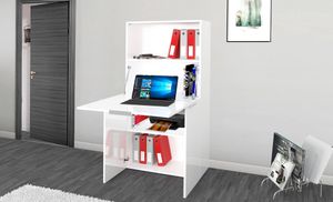 Schreibtisch mit versteckter Platte,  Italy, Schrank mit Regalen und Arbeitsplatte, Platzsparender Kleiderschrank, cm 70x35h140, Farbe Weiß glänzend