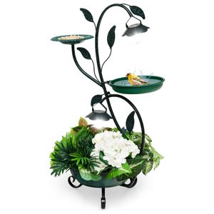 COSTWAY Vogeltränke 83cm mit Solarleuchte, Vogelbad Futterspender dekorativ, Blumentopf Metall, Vogelfutterstation Bronze