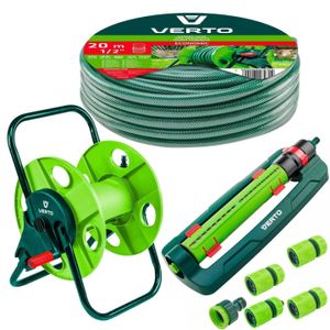 VERTO Schlauchtrommel + Gartenschlauch 20m + Oszillierender Sprinkler + 3 x Schlauchverbinder, Wasserstop, Hahnverbinder