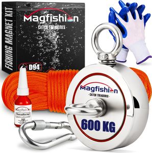Magfishion - Magnetfischen Set – 600 kg - Ø94mm - Neodym Magnet - Perfekt zum Magnet Fischen - Mit Dunkelorange Seil (20M) & Handschuhe – Ösenmagnet - Magnetangeln