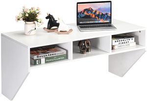 COSTWAY Wandtisch Wandmontierbarer Computertisch mit 3 Ablageflächen Wandregal Holz für Küche Wohnzimmer Büro Weiß