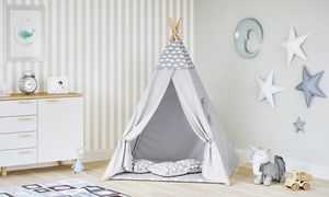 Tipi Zelt für Kinder Spielzelt  Baumwolle 3 Kissen Kinderzelt drinnen draußen 8702 , Farbe:Grau- Wolken