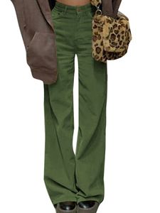 MORYDAL Chinos Damen hohe Taille Palazzo Hose täglich Kleidung mit Taschen Langer Hosenknopf Reißverschlussboden, Farbe:Grün, Größe:L