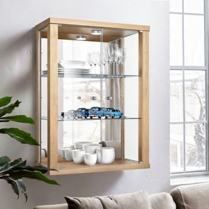 K-Möbel Hängevitrine in Buche (80x60x25 cm) mit 2 höhenverstellbaren Glasböden, Spiegel & LED - Glasvitrine hängend - Wandvitrine - Regal Glas