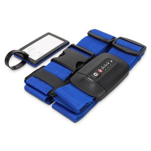 Navaris Kreuzkoffergurt mit TSA Zahlenschloss und Adressanhänger - Koffergurt mit Schloss und Namensschild - Reise-Sicherheitsset für Koffer - Blau