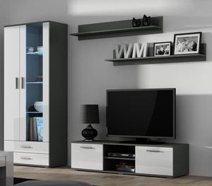 Furniture24 Wohnwand SOHO 11 mit Blauer LED Beleuchtung, Anbauwand, Wohnzimmerschrank, Schrankwand, Vitrine, Lowboard, HängeregalGrau/Weiß Hochglanz