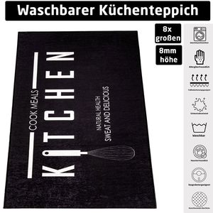 Küchenteppich 80x200 cm Kitchen Cook Meal Schwarz Läufer Waschbar Küchenmatte Küchenläufer