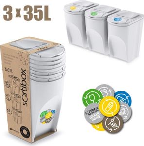 Sortibox Mülleimer Set Müllbehälter 3x35Liter weiß Müllboxen Set Müllbehälter Mülltrenner Anthrazit Abfalltrennung