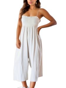 Damen Sommerkleider Baumwolle Jumpsuits Baggy Crop Pant Casual Backless Romper Weiß,Größe S