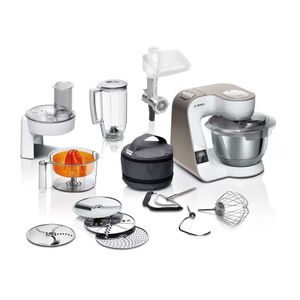 Robot kuchenny, Bosch MUM5XW40, Kompaktowa maszyna kuchenna, waga MUM5, Mieszanie planetarne 3D, 1000 W, dod. Maszynka do mielenia mięsa, Wyciskarka do cytrusów, Biała - szampan