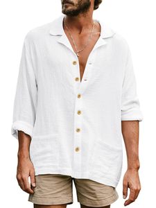 Herren Hemden Leinenhemd Reverskragen Casual Tops Loose Fit Tunika Baumwolle Shirts Weiß,Größe M