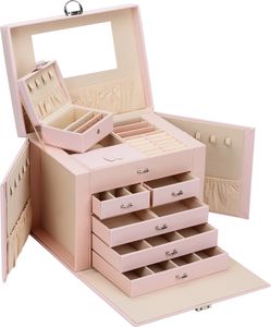 ADEL DREAM Große Schmuckkoffer, Schmuckkasten, Aufbewahrung, 5 Ebenen, 5 Schubladen, verschließbar(Rosa)