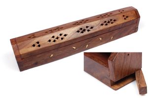 Räucherstäbchen-Box aus Sheesham-Holz mit Kupfer Blumen-Ornament