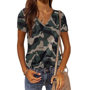 Sommer T Shirt Mit Camouflage Print Für Damen Mit V-Ausschnitt Und Kurzarm Farbe: Grün,Größe:XL