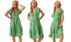 Ethnisches Kleid mit V-Ausschnitt, Größe 38 – Grün