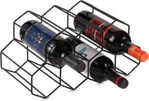 Freistehendes Weinregal aus schwarzem Metall, Tisch-Weinregalhalter, Weinflaschenhalter auf der Arbeitsplatte – geometrisches Design für Weinkeller, Barschrank (schwarz – 9 Flaschen)