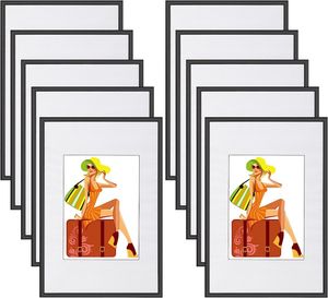 WOLTU 10er Set Bilderrahmen Bildergalerie Fotogalerie mit Passepartout, Foto Collage Galerie, Kunststoff und Echtglas, New Life Style, Schwarz, 10x15cm