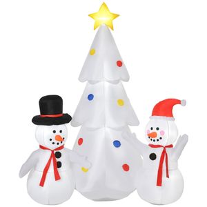 HOMCOM Aufblasbarer Weihnachtsbaum Weihnachtsdekoration mit Schneemann 185 cm Weihnachtsbeleuchtung LED Selbstaufblasend Polyester Weiß 143 x 92 x 185 cm