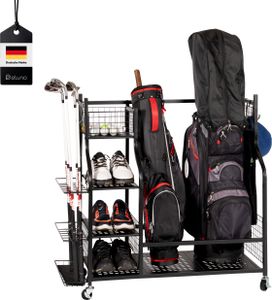 eluno Golftaschen Organizer mit Ablageflächen und Körben, für 2 Golftaschen und Golfzubehör, aus schwarzem Stahl