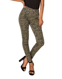 Damen Skinny Hose Stretch High Waist Shaping Leopard Print Treggings, Farben:Grün, Größe:34