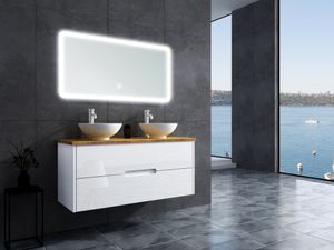 OIMEX TAMBUS 120 cm Bambus Badmöbel Set Hochglanz Weiß, Doppel Waschtisch Unterschrank mit 2 Aufsatz-Waschbecken aus Keramik, LED-Spiegel, Seitenschrank