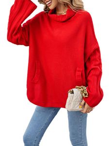Damen Rollkragenpullover mit Taschen Pullover Tops Lose Winter Warm Strickpullover Rot,Größe M