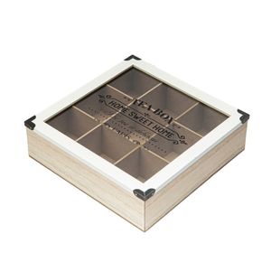 Teebox Teekasten Teebeutelbox mit 6 Fächern für Teebeutel Holz Aufklappbarer Deckel Sichtfenster 24 cm x 24 cm x 7 cm (Weiß)