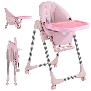 OUNUO verstellbarer Hochstuhl Kinderhochstuhl Klappbar, Kindersitz mit Sicherheitsgurt und Kunstlederkissen für Kinder von 6 Monaten bis 6 Jahren (Pink)