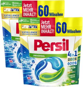 Persil Universal 4in1 DISCS, 120 (2 x 60 Waschladungen), Vollwaschmittel mit Tiefenrein-Plus Technologie bekämpft hartnäckige Flecken, 92% biologisch abbaubare Inhaltsstoffe*