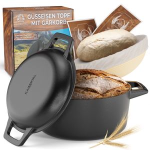 KAISERTAL® Gusseisen Brottopf [inkl. Gärkorb] - Robuster 26cm Brotbacktopf - Induktion - Ideale Brotbackform mit Deckel - Brotform Schmortopf