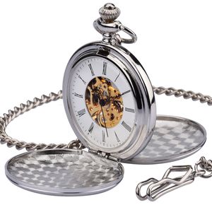 KZKR Taschenuhr Herren Analog Quarz Mechanische Handaufzugwerk Taschenuhr mit Kette Herren Uhr (Silber)