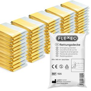 FLEXEO Rettungsdecke Gold/Silber 160 x 210 cm Notfalldecke Erste-Hilfe-Decke, 50 Stück