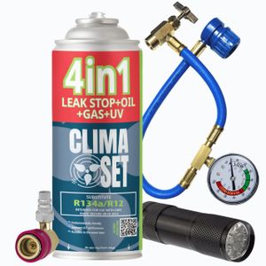 Autoklimaanlagen Set 4in1 R134a 626 g, Schlauch mit Manometer, UV-Taschenlampe, HP/LP-Adapter