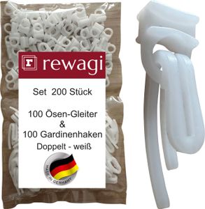rewagi 100 Steckhaken - Gardinenhaken Doppelt & 100 Ösengleiter CIE - Überklipshaken, Faltenhaken für Gardinenschiene/Gardinenleiste - weiß