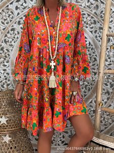Damen Minikleid mit floralem Rüschen Sommer-Strandschaukel Sommerkleid,Farbe: Orange,Größe:5XL