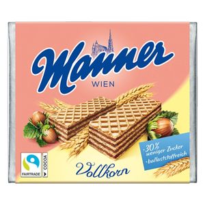 Chrumkavé celozrnné oblátky Manner s krémovou náplňou zo želé a orechov 75g