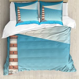 ABAKUHAUS Vintage Nautical Tattoo Bettbezug Set für Einzelbetten, Leuchtturm auf Meer, Milbensicher Allergiker geeignet mit Kissenbezug, 155 cm x 220 cm - 80 x 80 cm, Sea Blue Rust