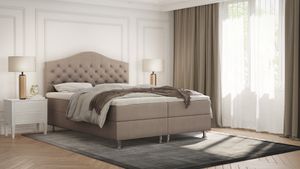 PREDAJ LEADER skriňová pružinová posteľ NAIROBI 180x200 cm čalúnená posteľ s dvoma zásuvkami, kompletná súprava s matracom a topperom (4 cm), béžová, posteľná látka JASMINE 22