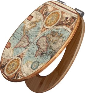 banjado Design WC Sitz Bambus Absenkautomatik -Historische Weltkarte - Toilettendeckel mit Absenkautomatik Holz/hochwertiger Bambus Klodeckel/WC-Sitz für alle gängigen Toiletten [TDB2 10550]