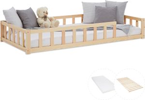 Homestyle4u 3025, Kinderbett Natur mit Matratze 90x200 cm Bodenbett Rausfallschutz Montessori Bett Lattenrost Kleinkindbett