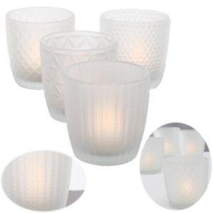 LS-LebenStil 4´er Set Glas Teelichthalter Retro Weiß Matt 7cm Teelichtglas Windlicht-Halter