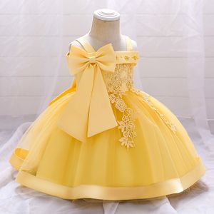 Baby Mädchen Bestickte Perlen Ballkleid Kleid Kinder Eine Schulter Blumen Mesh Spitze Prinzessin Hochzeitskleid Gelb Größe 70 cm