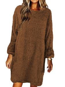 Damen Strickkleider Langarm Herbstkleid Pulloverkleid Winterkleid Minikleid Sweater Braun,Größe XXL