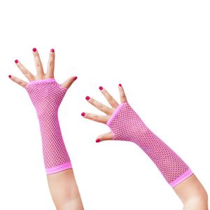 Oblique Unique Netzhandschuhe lang fingerlos Party Karneval Fasching - neon pink