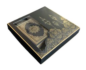 Lale Collection® Geschenk-Set Gebetsteppich Schwarz-Gold + Koran + Gebetskette -- Seccade Namaz Bayram Sejjada Tesbih 99'lu dua Islam Muslim prayer mat Misvak Koran Quran