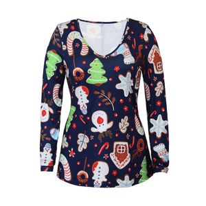 Damen Weihnachten Weihnachtsdruck Langarm V-Ausschnitt Pullover Pullover Bequemes Top,Farbe: Mörkblå,Größe:XL